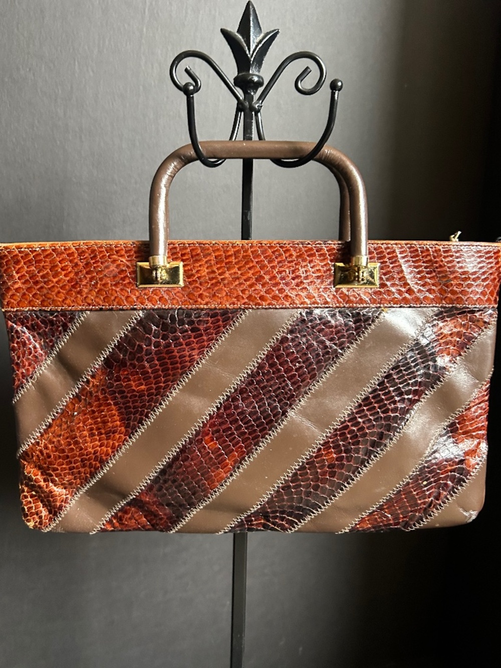 Vintage Genuine Snakeskin & Leather Structured Handbag Brown Patchwork Top Handl